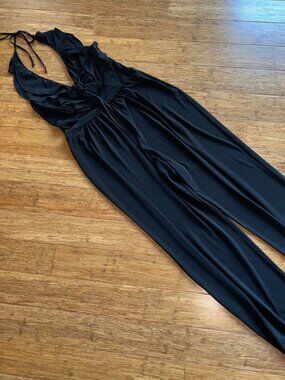 Boston Proper Women's Size 10 Black Nylon spandex neck tie v-neck jumpsuit